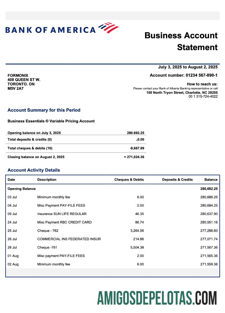 Imprimível US Bank Of America Enterprise Statement modelo Word e PDF